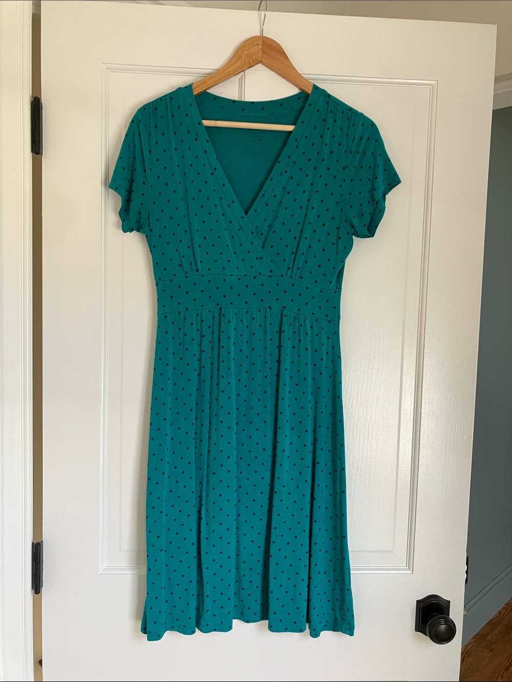 L.L. Bean Teal Polka Dot V-Neck Midi Dress